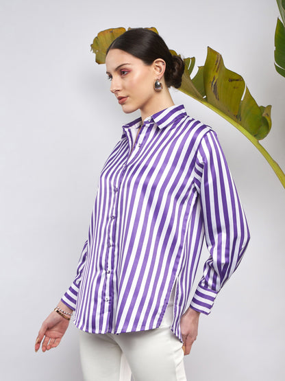 Purple & White Satin Striped Shirt