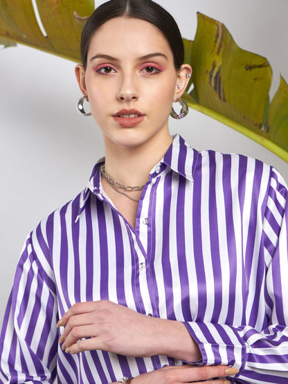 Purple & White Satin Striped Shirt