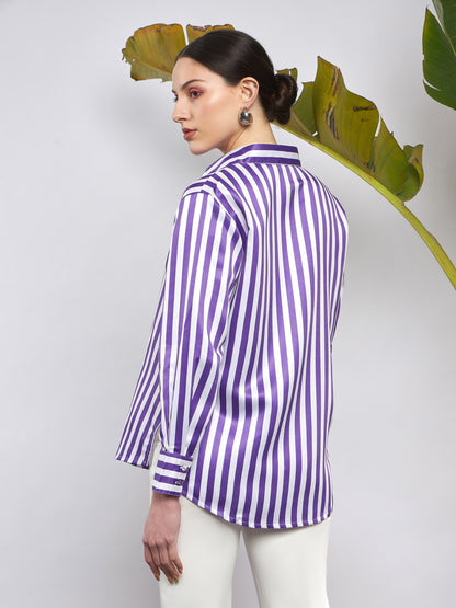 Purple & White Satin Striped Shirt