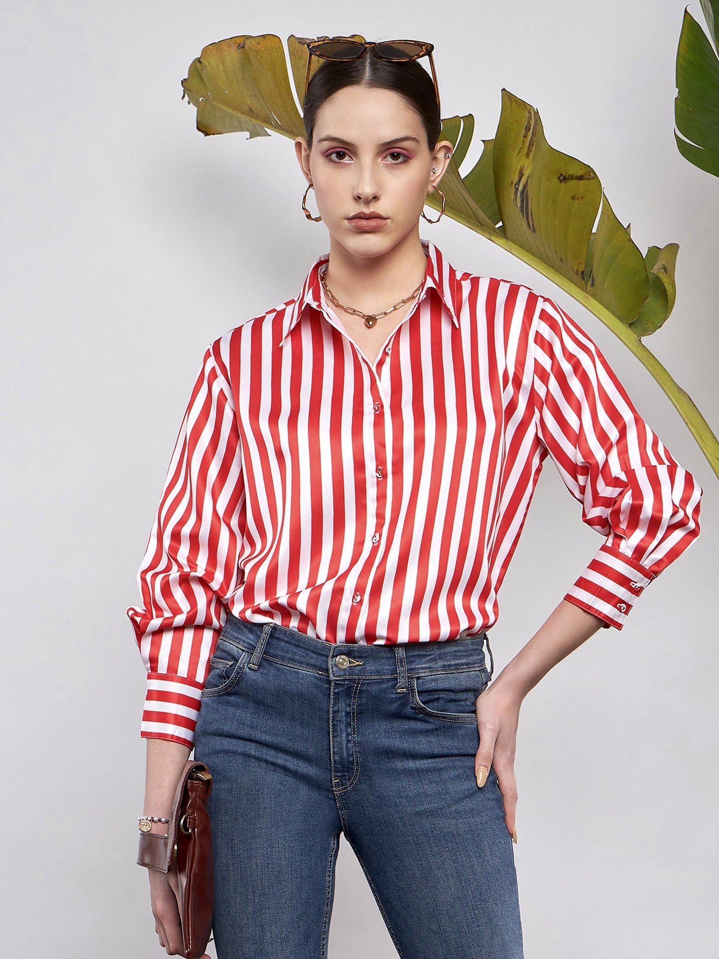 Red & White Satin Striped Shirt