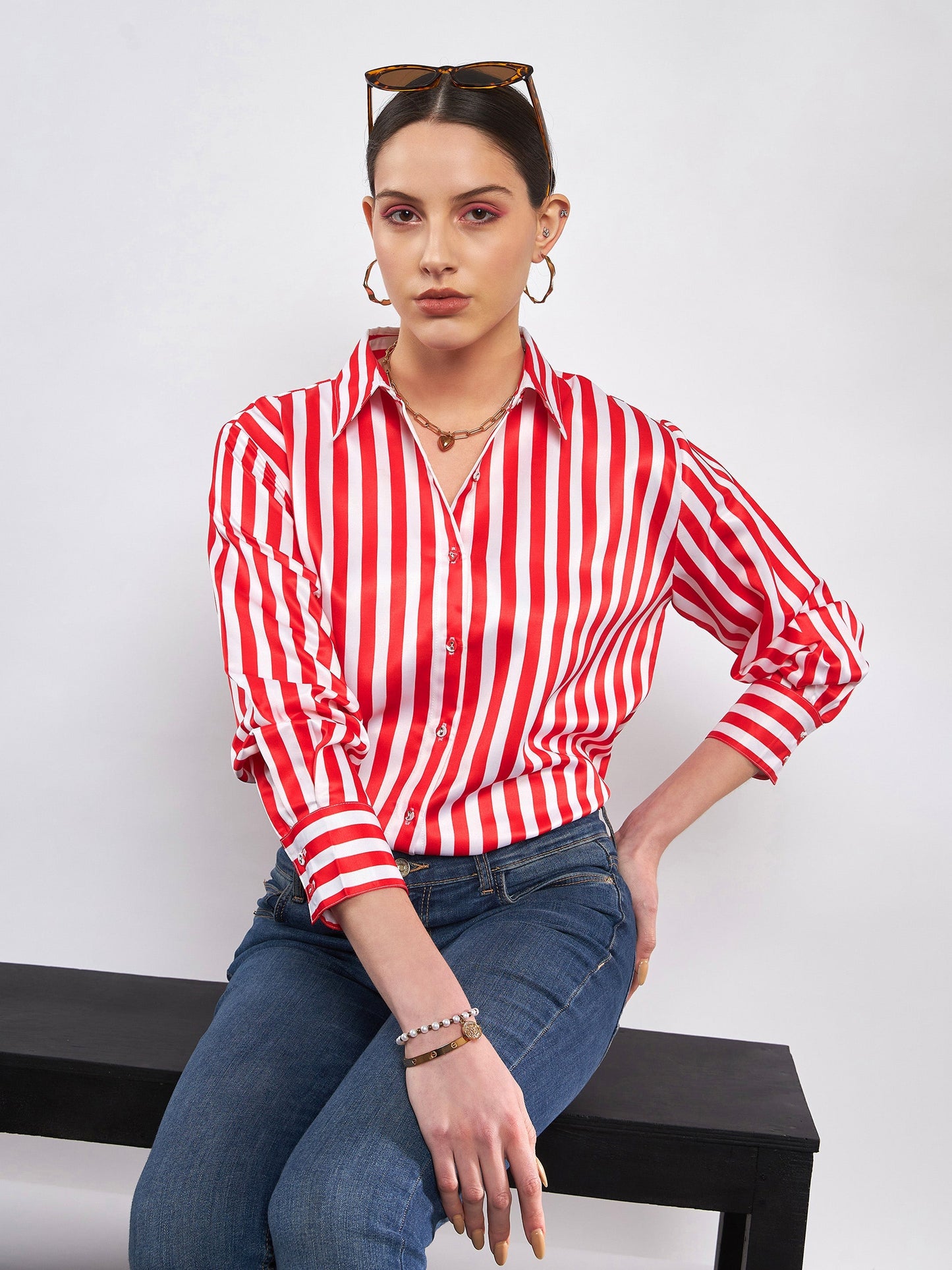 Red & White Satin Striped Shirt