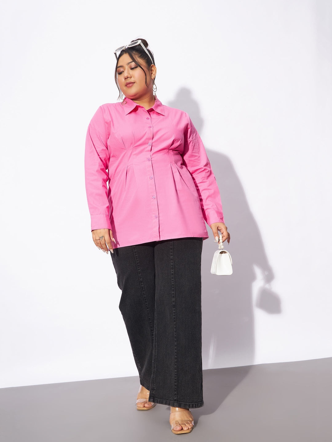 Pink Poplin Pleated Slim Waist Shirt-SASSAFRAS Curve