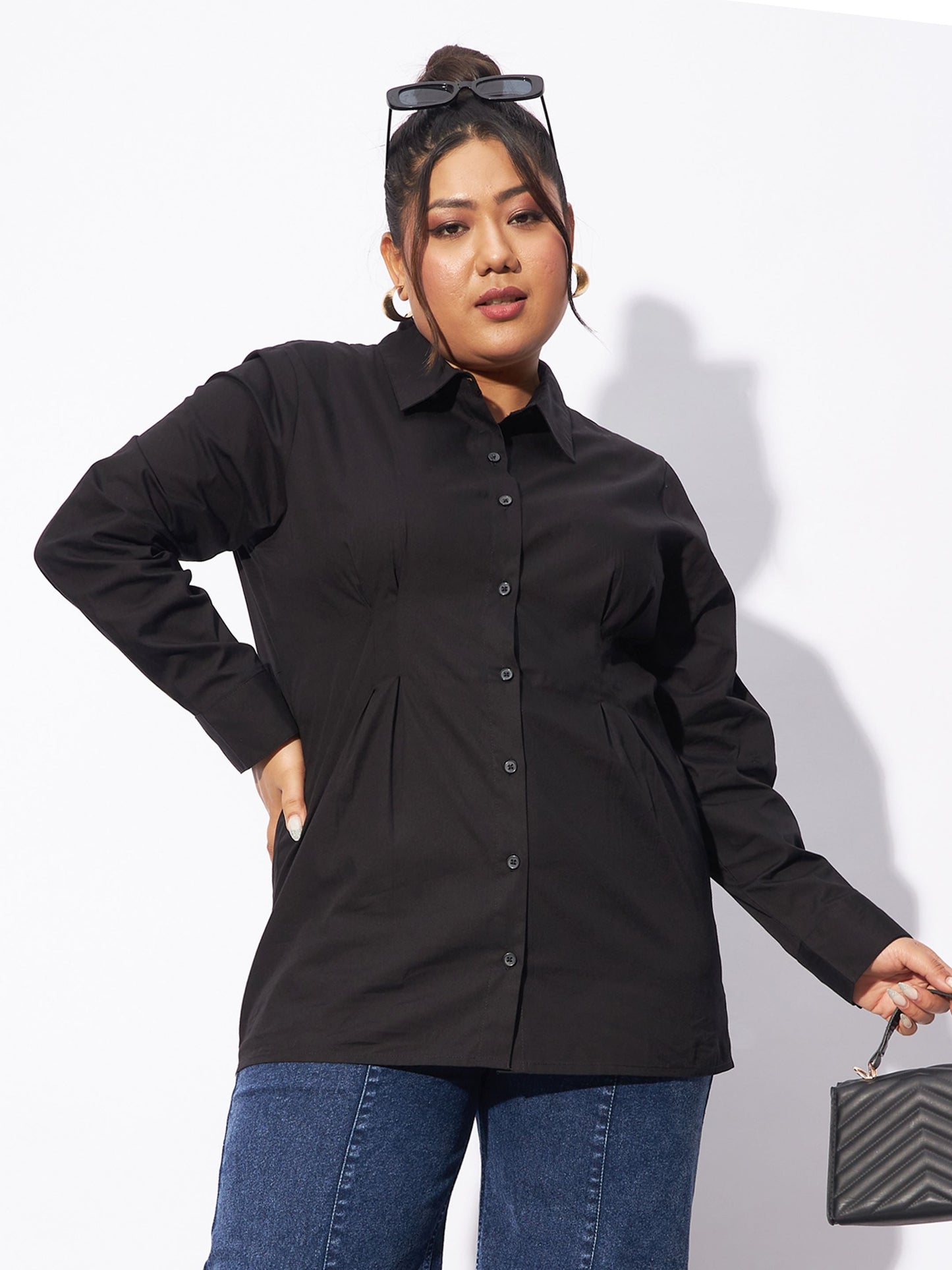 Black Poplin Pleated Slim Waist Shirt