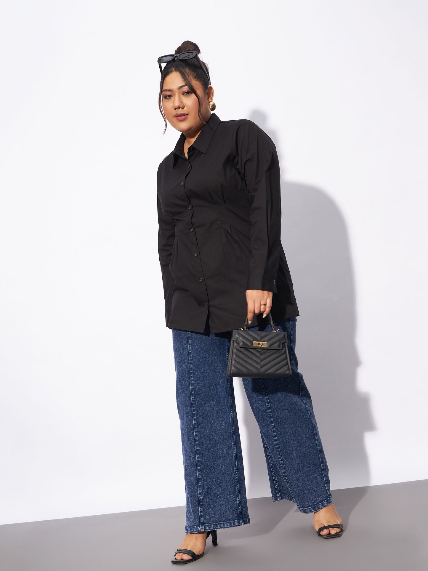 Black Poplin Pleated Slim Waist Shirt