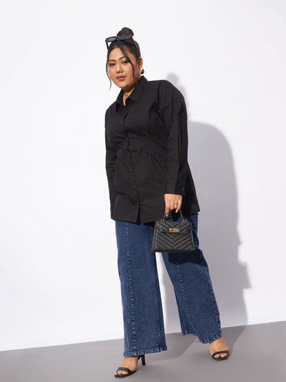 Black Poplin Pleated Slim Waist Shirt