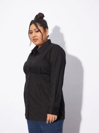 Black Poplin Pleated Slim Waist Shirt