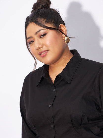 Black Poplin Pleated Slim Waist Shirt
