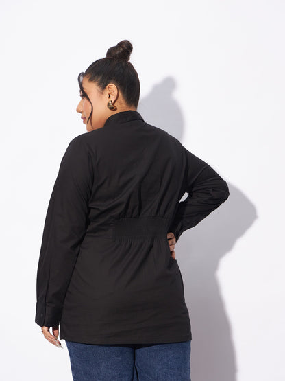 Black Poplin Pleated Slim Waist Shirt