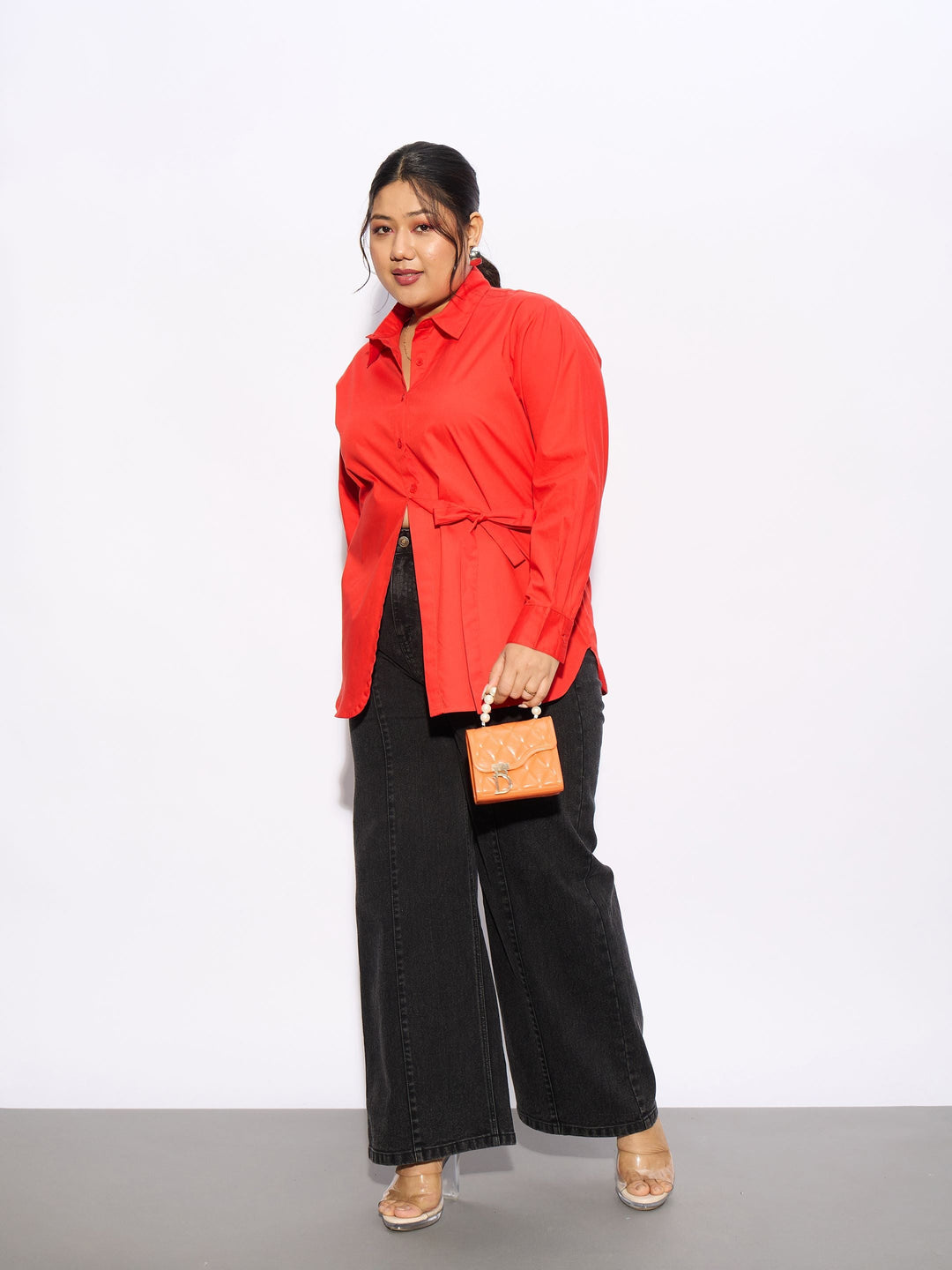 Red Poplin Tie Up Shirt-SASSAFRAS Curve