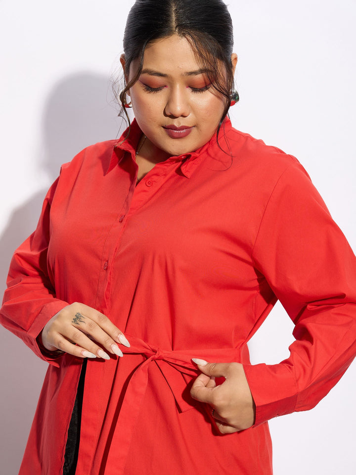 Red Poplin Tie Up Shirt-SASSAFRAS Curve