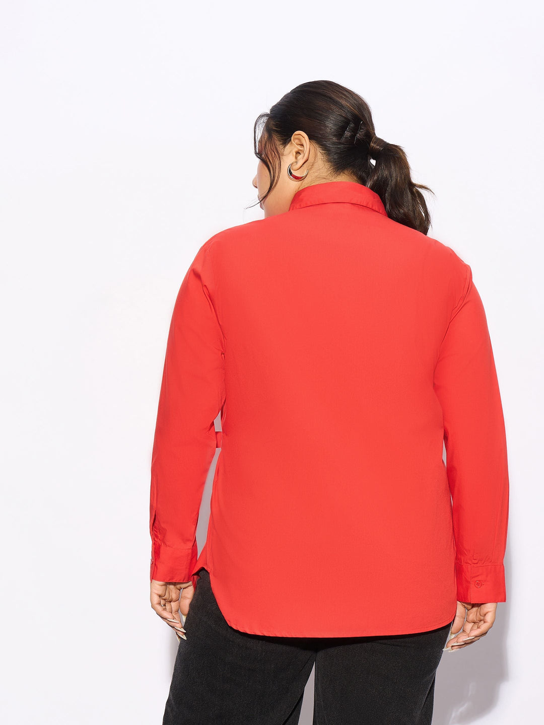 Red Poplin Tie Up Shirt-SASSAFRAS Curve
