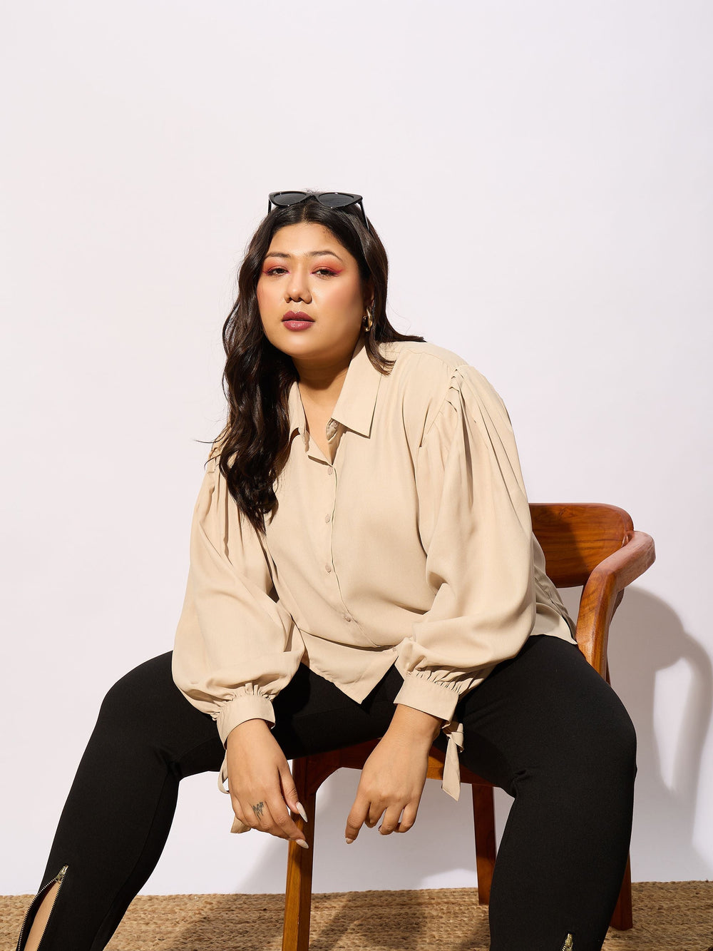 Beige Sleeve Knot Cuff Regular Shirt-SASSAFRAS Curve
