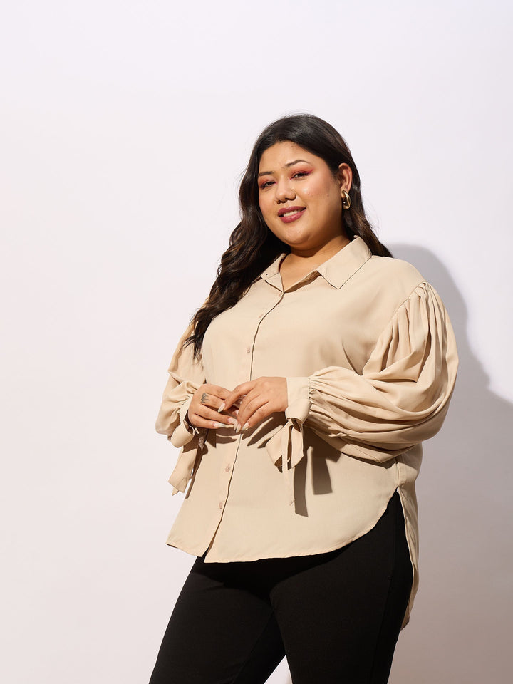 Beige Sleeve Knot Cuff Regular Shirt-SASSAFRAS Curve