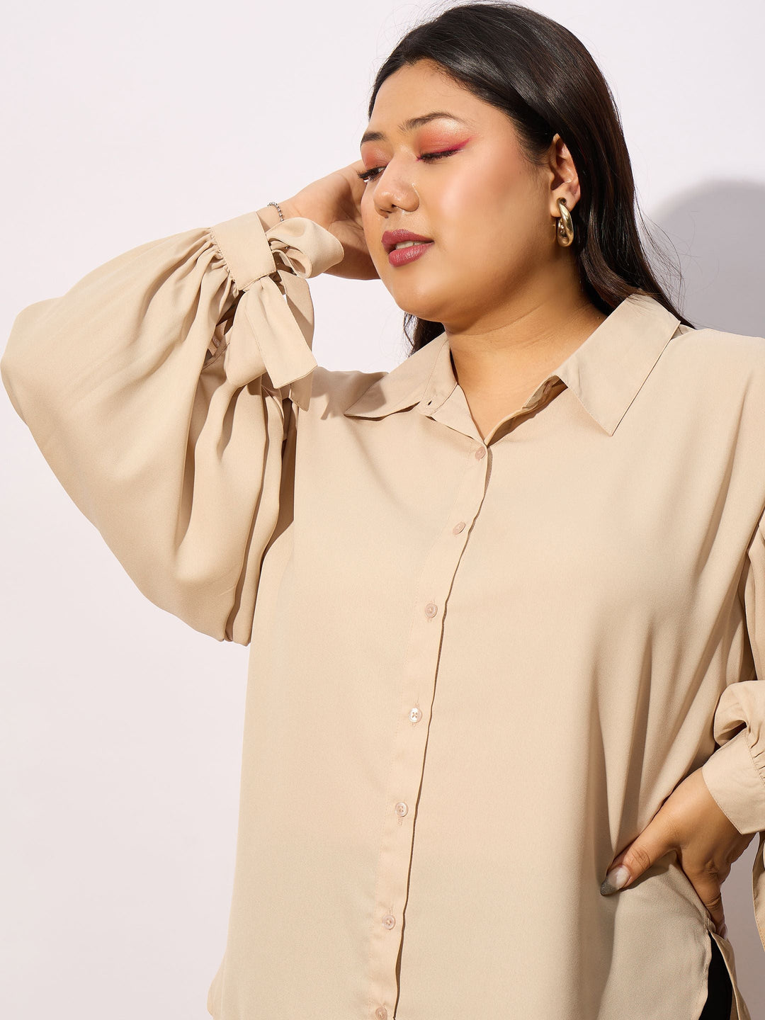 Beige Sleeve Knot Cuff Regular Shirt-SASSAFRAS Curve