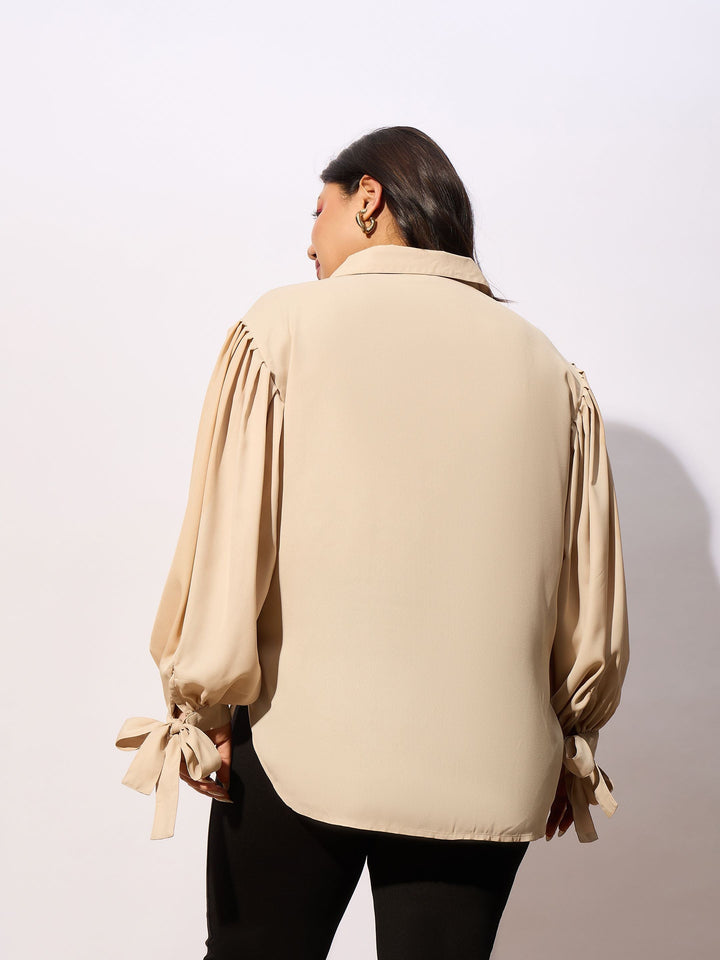Beige Sleeve Knot Cuff Regular Shirt-SASSAFRAS Curve