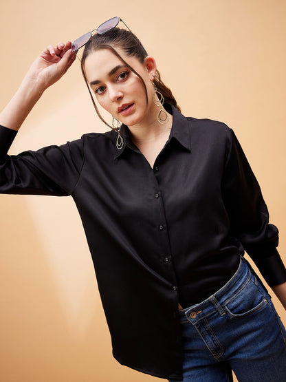 Black Solid Satin Regular Shirt