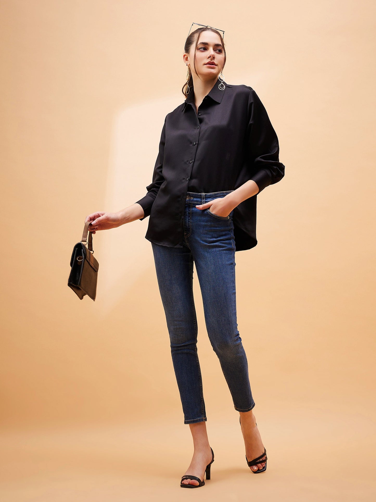 Black Solid Satin Regular Shirt