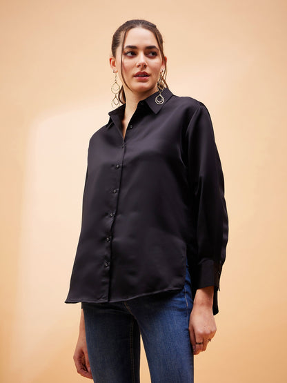 Black Solid Satin Regular Shirt
