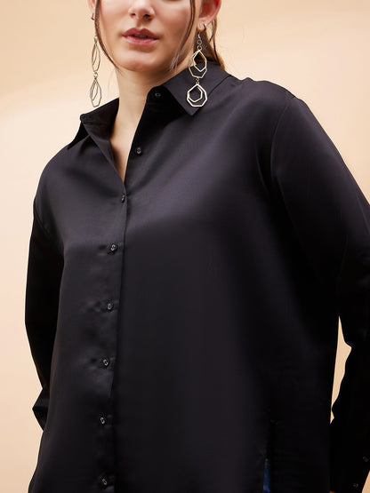 Black Solid Satin Regular Shirt