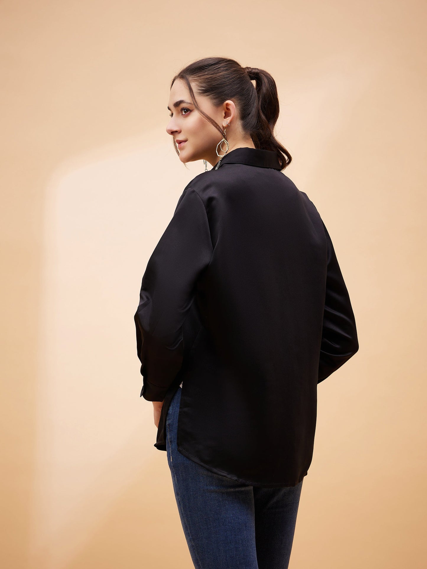 Black Solid Satin Regular Shirt