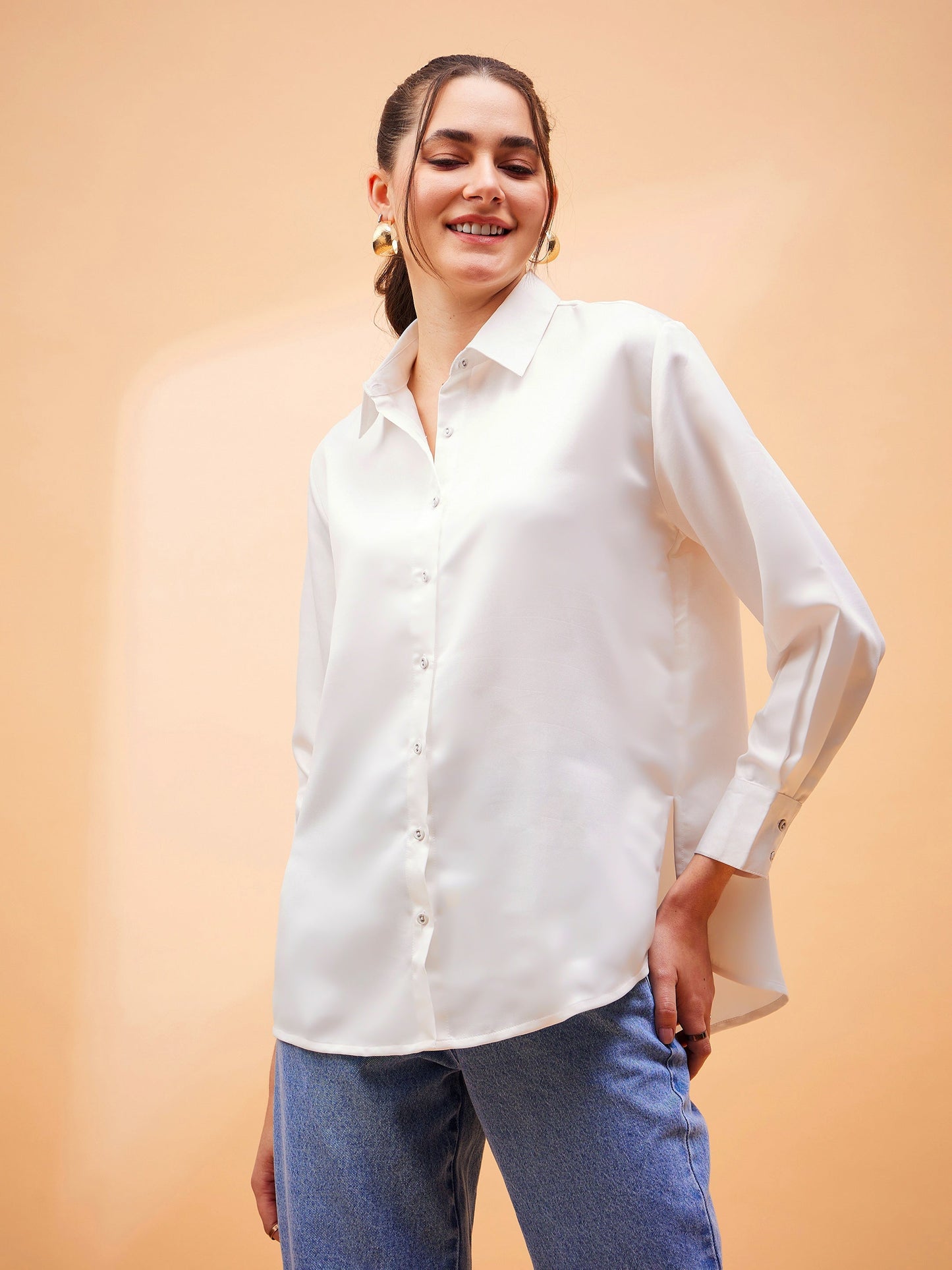 White Solid Satin Regular Shirt