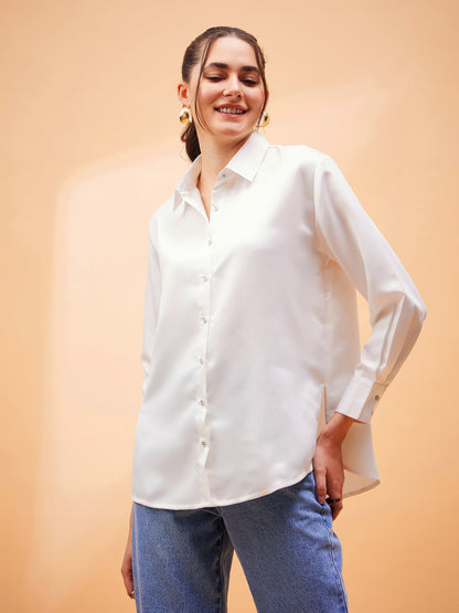White Solid Satin Regular Shirt