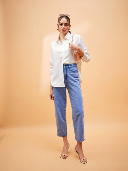 White Solid Satin Regular Shirt