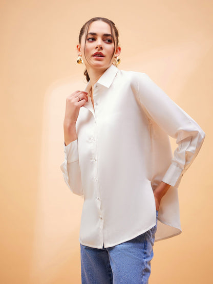 White Solid Satin Regular Shirt