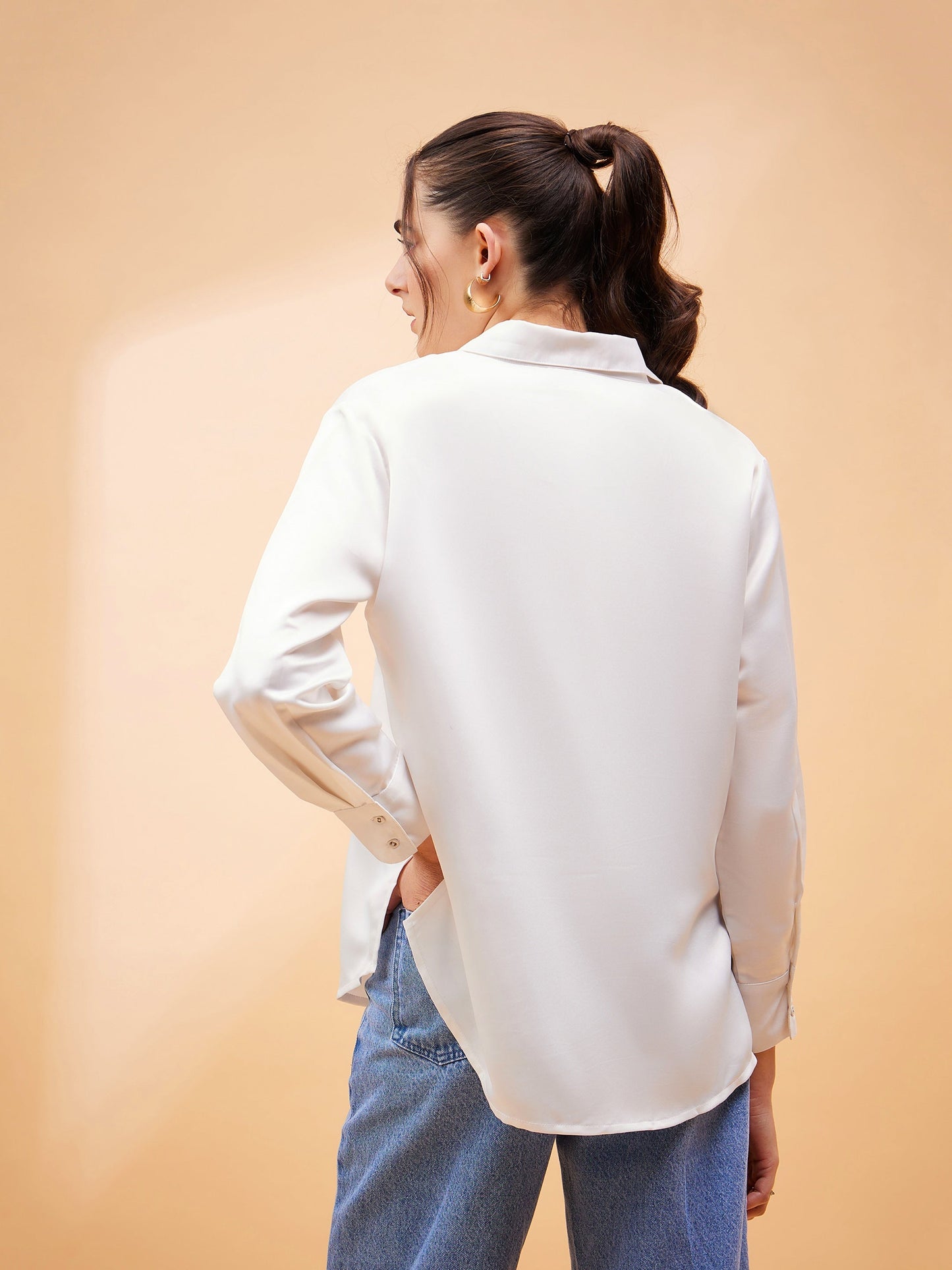 White Solid Satin Regular Shirt