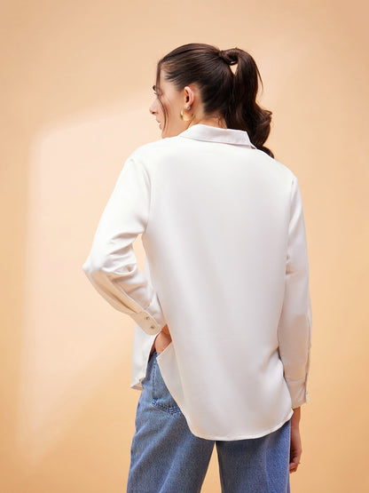 White Solid Satin Regular Shirt