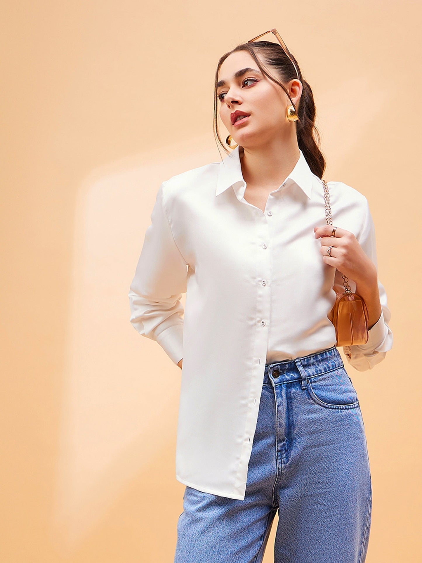 White Solid Satin Regular Shirt