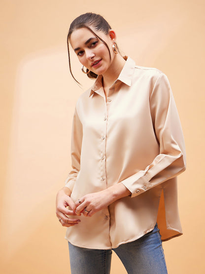Beige Solid Satin Regular Shirt