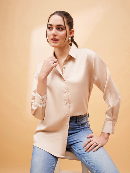 Beige Solid Satin Regular Shirt