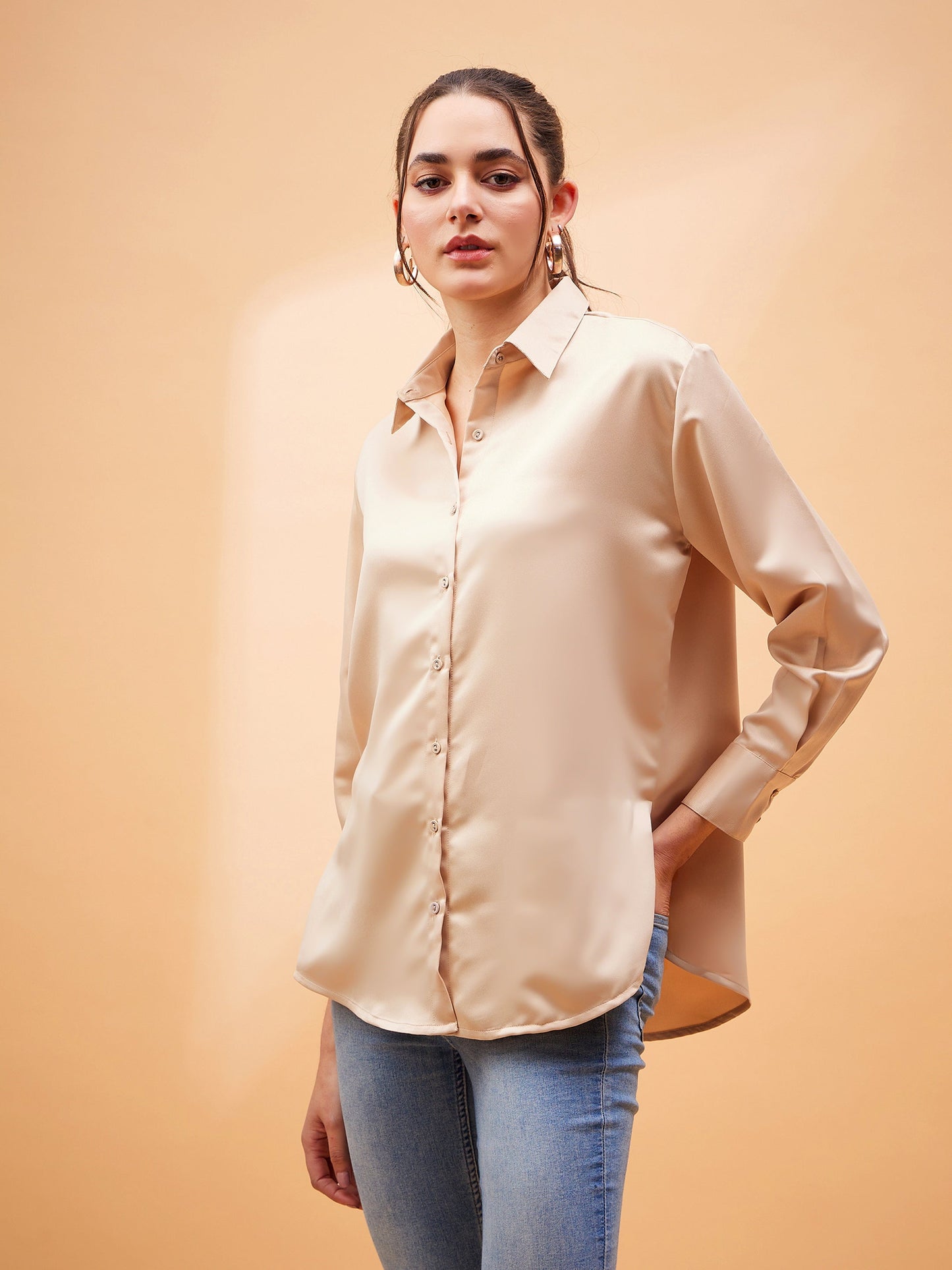 Beige Solid Satin Regular Shirt