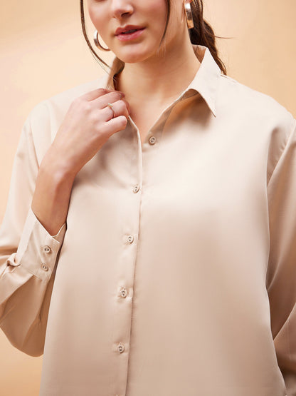 Beige Solid Satin Regular Shirt
