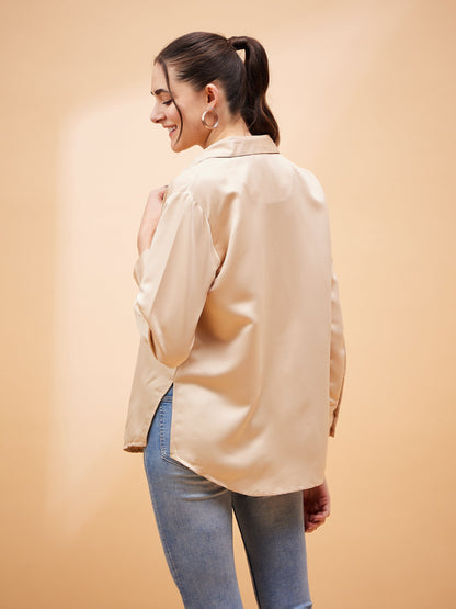 Beige Solid Satin Regular Shirt