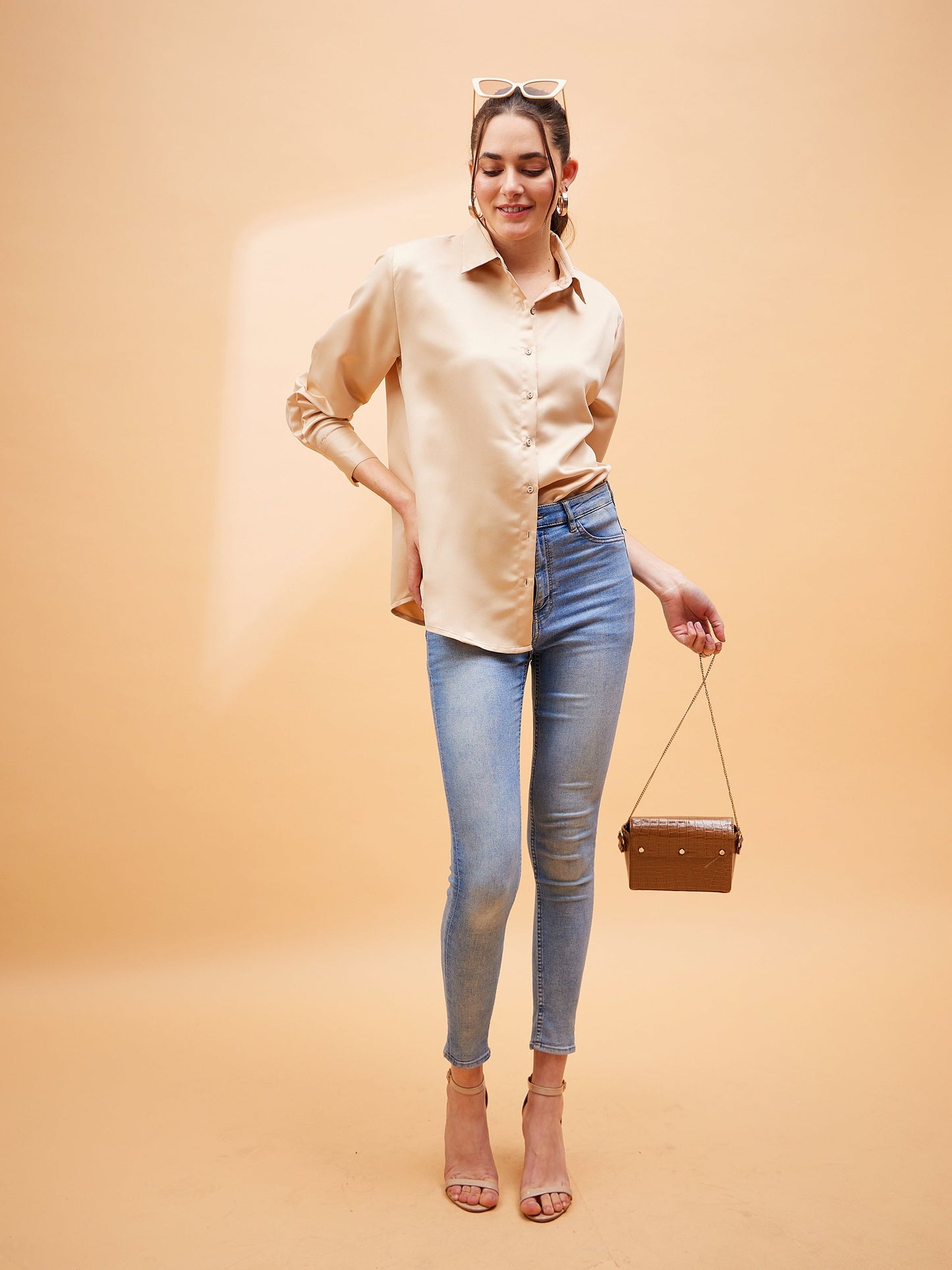 Beige Solid Satin Regular Shirt