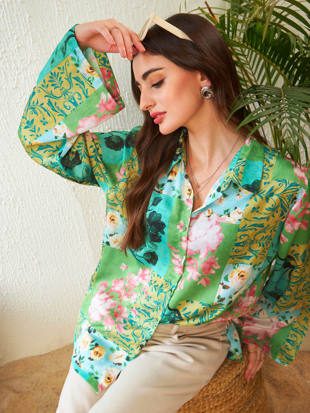 Women's Women Green Placement Floral Oversize Shirt in Satin by Sassafras for wholesale, bulk, supplier, manufacturer and wholesaler buyers from Trendphoria