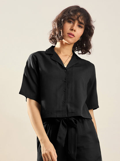 Black Tencel Notch Collar Crop Shirt