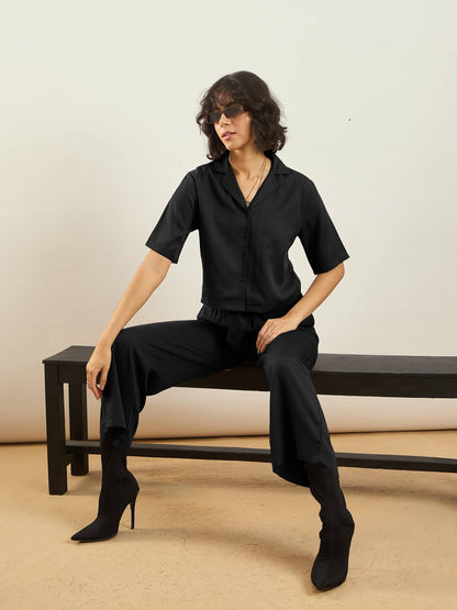 Black Tencel Notch Collar Crop Shirt