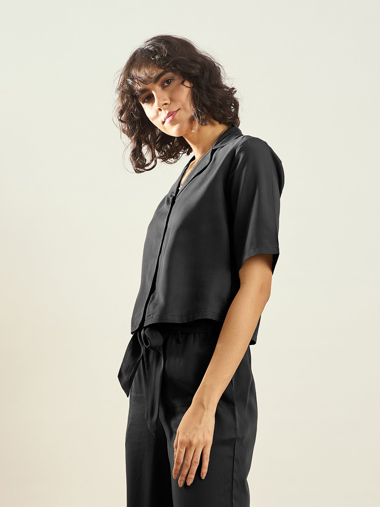 Black Tencel Notch Collar Crop Shirt