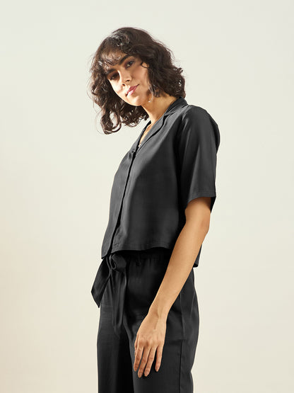 Black Tencel Notch Collar Crop Shirt