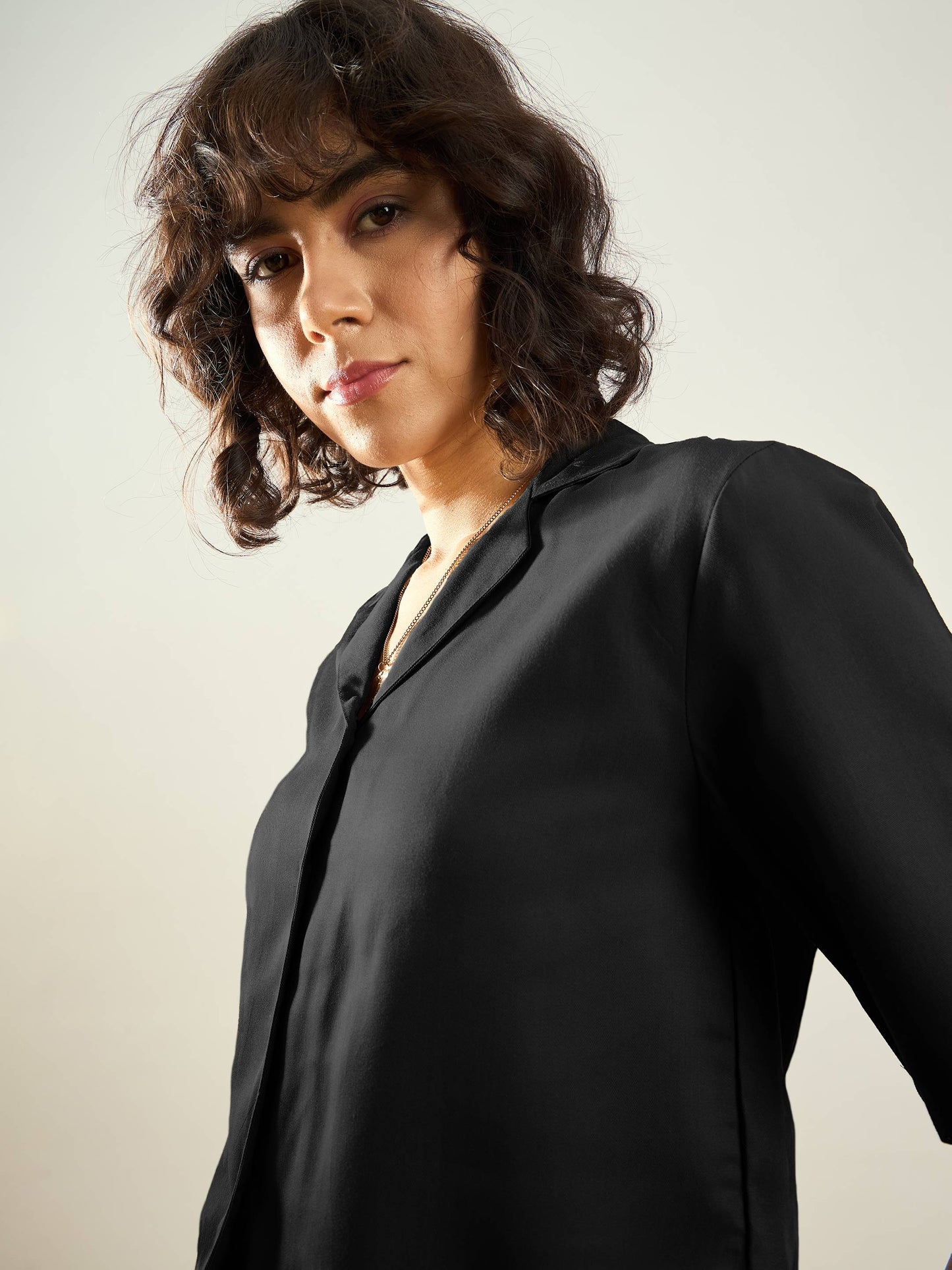 Black Tencel Notch Collar Crop Shirt