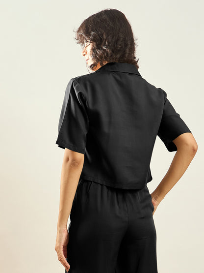 Black Tencel Notch Collar Crop Shirt