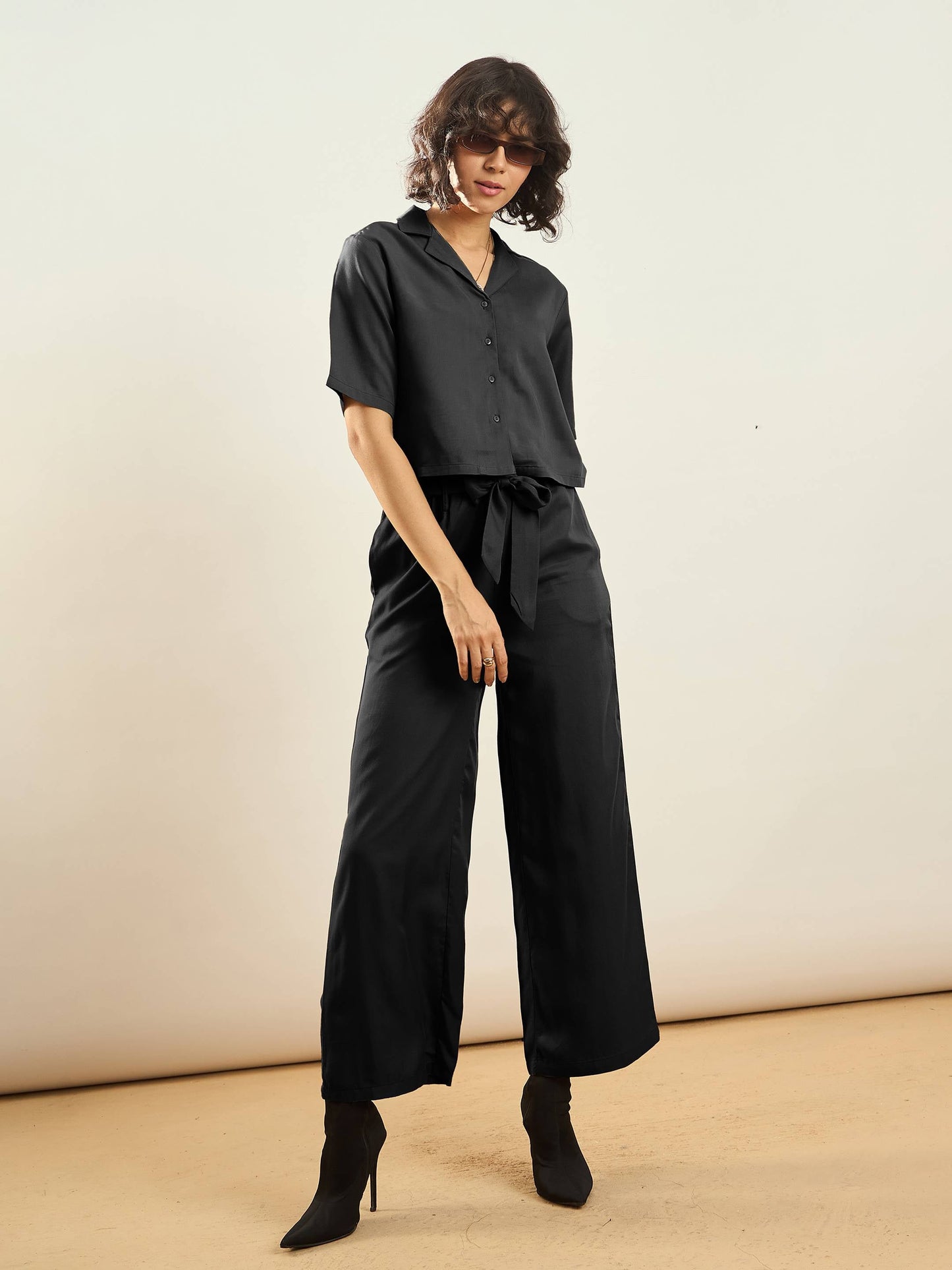 Black Tencel Notch Collar Crop Shirt