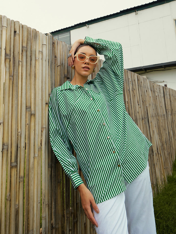 Women Green &amp; White Stripe Oversized Shirt
