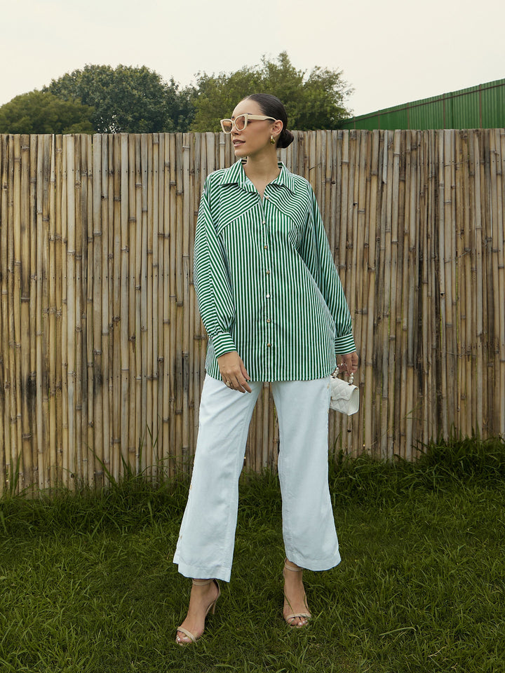 Women Green &amp; White Stripe Oversized Shirt