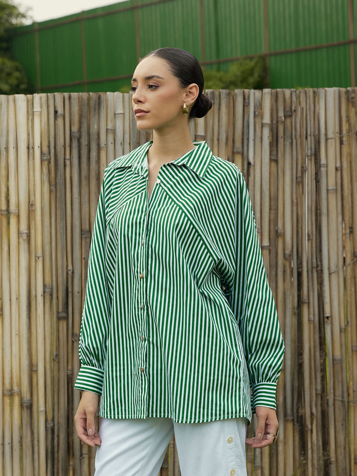 Women Green &amp; White Stripe Oversized Shirt