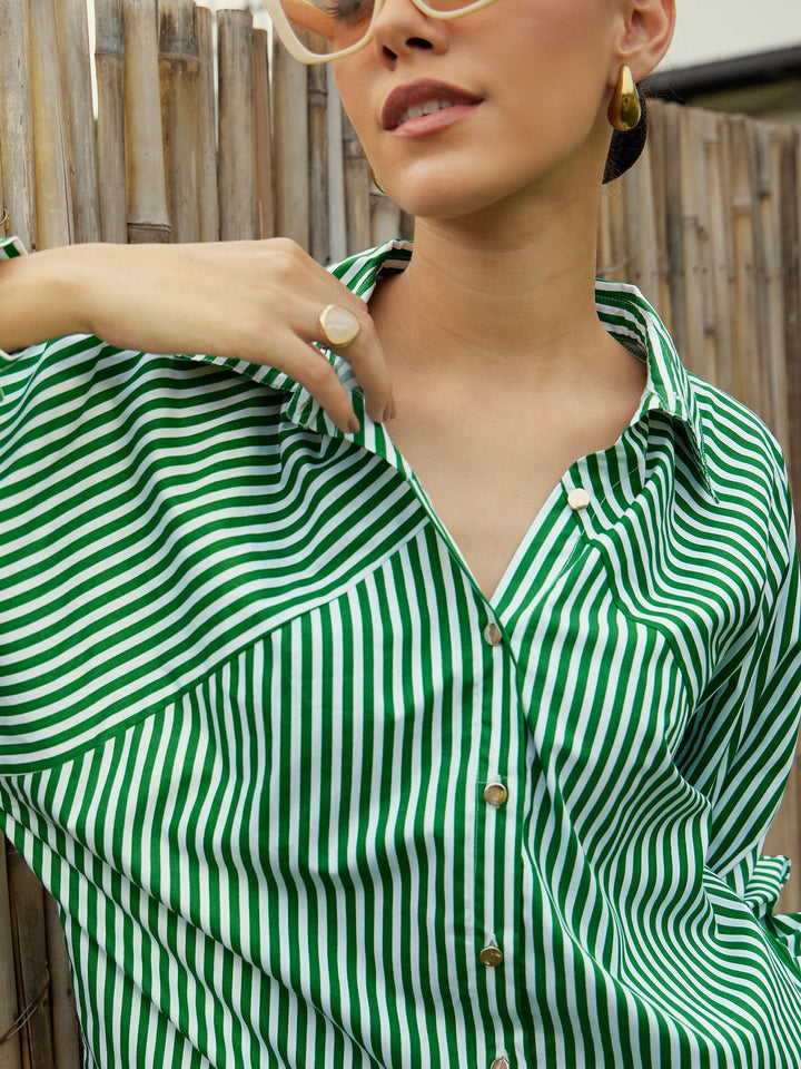 Women Green &amp; White Stripe Oversized Shirt