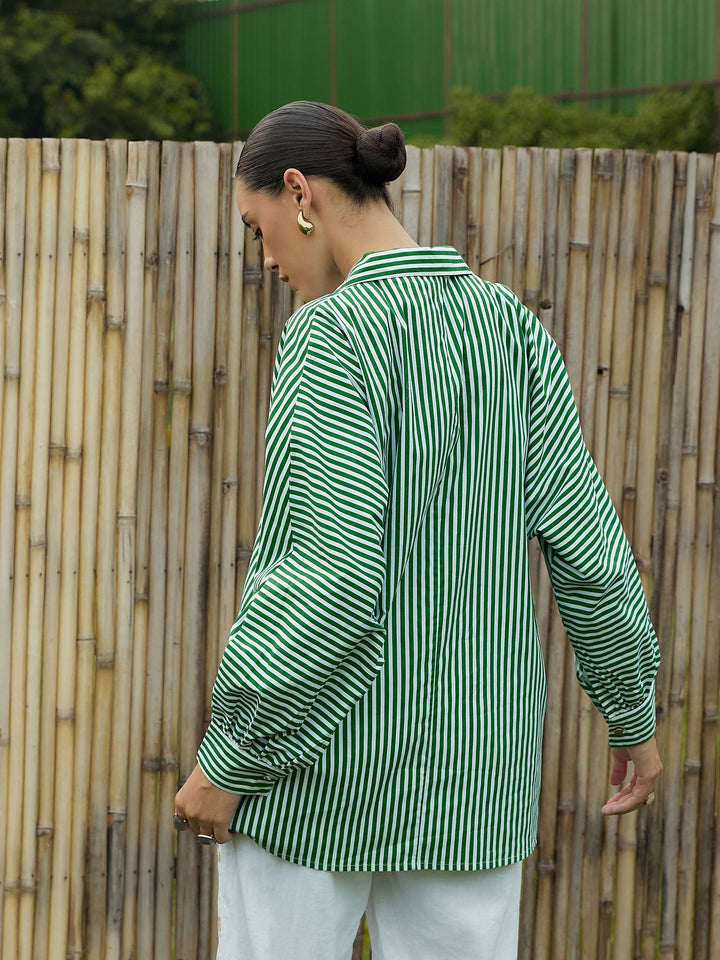 Women Green &amp; White Stripe Oversized Shirt